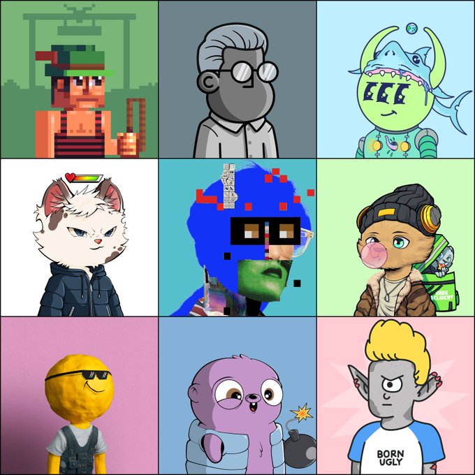 A 3x3 collage displays nine NFT collectibles, including pixelated characters, cartoon avatars, and meme-style figures, with one character wearing a shirt reading "BORN UGLY." The image illustrates the poster's recent NFT purchases, showcasing a diverse mix of digital art styles.