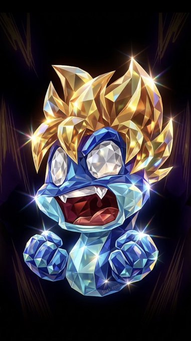 Digital artwork of a chibi-style character resembling Super Saiyan Goku, with spiky golden hair, blue gem-like body, and an open mouth expression, set against a dark background.