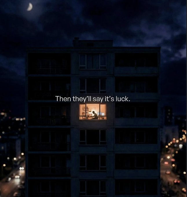 A lone figure works at a desk in a warmly lit apartment window of a dark, moonlit apartment building at night, with the caption "Then they'll say it's luck." overlaid in white text—evoking the unseen dedication behind what others dismiss as chance.