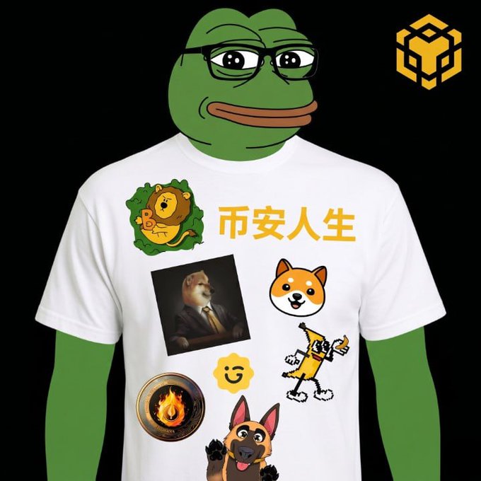 The image features a white t-shirt with various cartoon animal stickers, including a frog, dog, cat, and bird. The text "PBNCH" appears in the image as well. The caption suggests that these stickers could be used by BNB Chain to promote their services or products, possibly related to finance or banking.