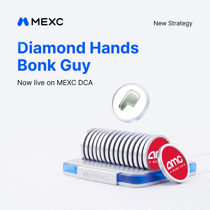 A MEXC promotional graphic featuring the "Diamond Hands Bonk Guy" strategy, with the text "Now live on MEXC DCA" displayed alongside the MEXC logo. The image shows a stack of tokens, including AMC-themed coins, hovering above a MEXC trading platform base, visually representing the DCA (Dollar-Cost Averaging) investment strategy mentioned in the post.