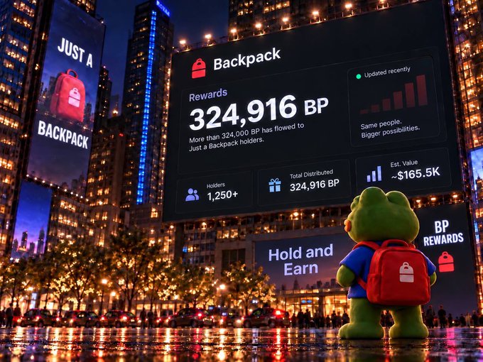 The image features a nighttime cityscape dominated by large billboards promoting "Backpack" rewards, displaying key stats: 324,916 BP distributed to over 1,250 holders, with an estimated value of ~$165.5K, alongside a green frog mascot wearing a backpack. This visual directly illustrates the post's celebration of distributing over 324,000 $BP tokens to holders—highlighting the "Same people, Bigger possibilities" growth narrative with an "Updated recently" indicator.