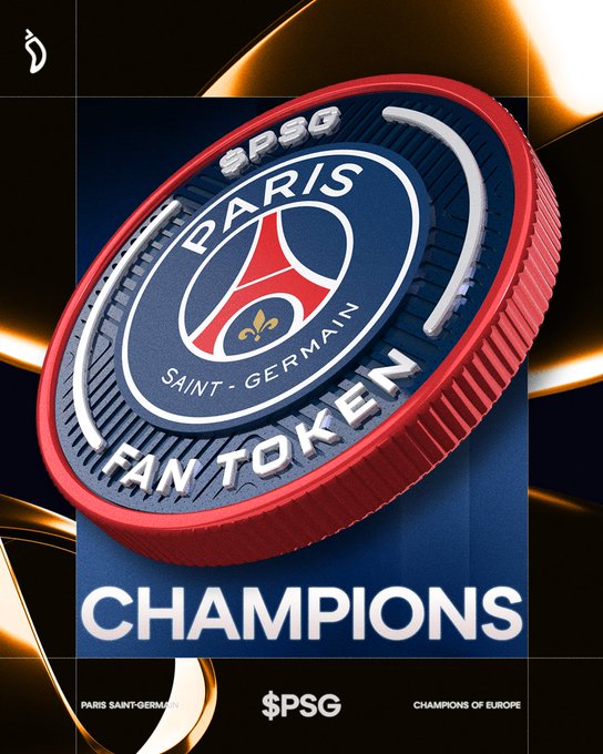 The image features a large, circular coin with the words "Paris Saint Germain Fan TAKEN" written on it. The coin has a red border and a blue center, making it stand out against the black background of the poster. The text "CHAMPIONS" is also present in the image. The poster appears to be promoting an event or competition related to the Paris Saint Germain Fan TAKEN.