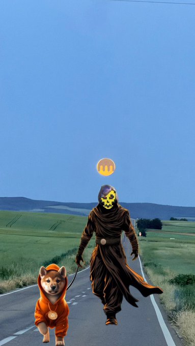An artistic image shows a figure in dark robes with a glowing yellow smiley face mask walking on a road, leading a Shiba Inu dog dressed in an orange hoodie, with a matching smiley logo hovering above.