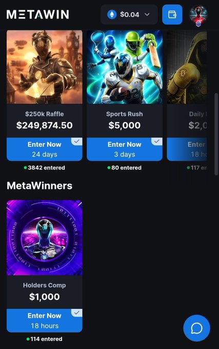 A screenshot of the "METAWIN" app displaying various contests like "$250k Raffle", "Sports Rush", and "Holders Comp" with entry counts and prize amounts.