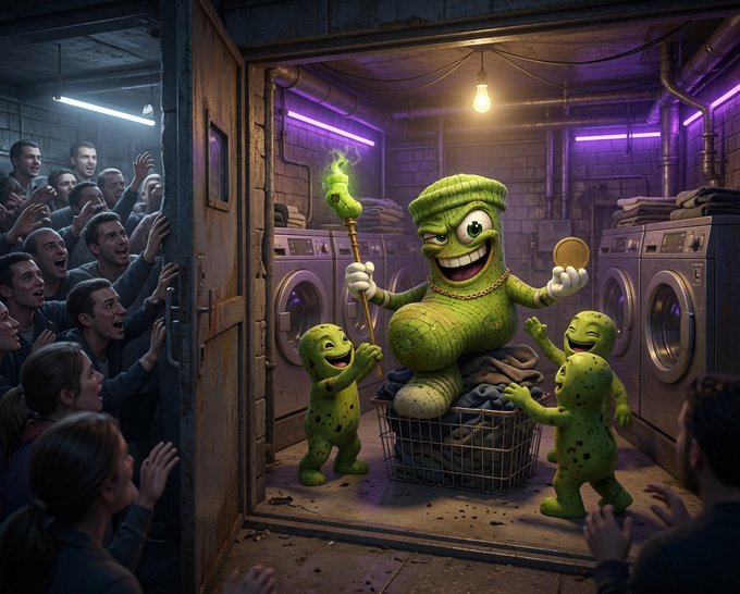 A surreal AI-generated scene showing a large green sock-like creature with one eye holding a green flame scepter and a gold coin, sitting on a laundry basket in a laundromat while smaller green creatures cheer, surrounded by an excited crowd.