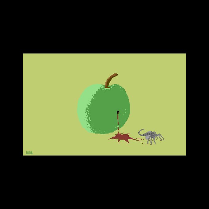 A cartoon illustration on a green background depicts a gray spider next to a small pool of red blood near a green apple with a stem.