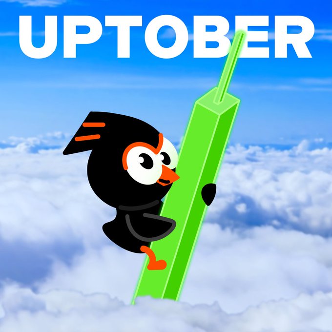 Graphic featuring a black bird character clinging to a green upward-pointing arrow against a cloudy sky, with the word 'UPTOBER' in large white letters at the top.