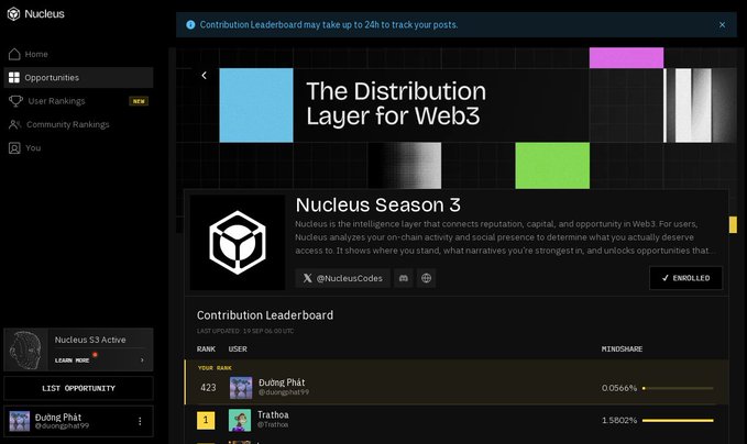 A screenshot of the Nucleus platform showing 'The Distribution Layer for Web3', a Nucleus Season 3 enrollment section, and a Contribution Leaderboard with users like 'Duong Phat' and 'Trathoa'.