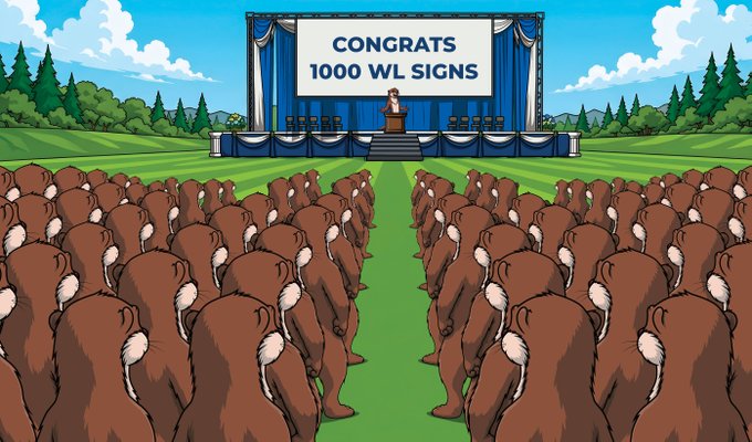 A cartoon scene showing a stage with a banner reading 'CONGRATS 1000 WL SIGNS' facing an audience composed entirely of brown, furry creatures from behind.