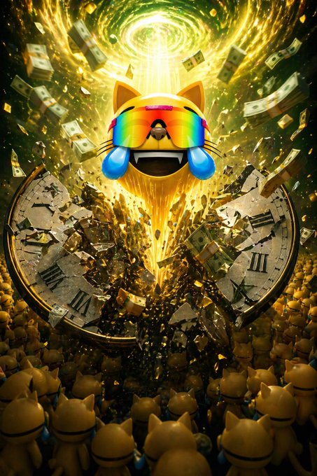 The image features an illustration of a cat wearing sunglasses with a yellow face and red eyes, surrounded by a group of cats dressed up like humans. The cat has its mouth open wide as if it's laughing or roaring. The background includes clocks and money, suggesting that this scene takes place in a financial setting. The caption reads "Focus on what is in the image and how it relates to the post", which implies that there might be some connection between the illustration and the MOG account being discussed in the comment section of the post.