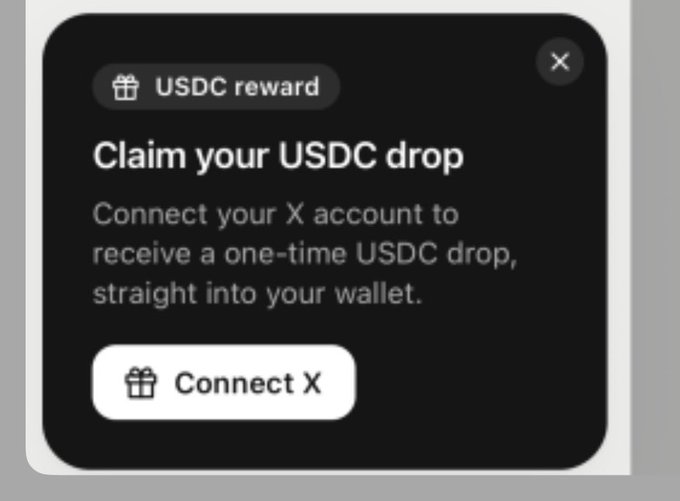 A pop-up notification offering a 'USDC reward' with the heading 'Claim your USDC drop' and a button to 'Connect X' to receive a one-time drop into your wallet.