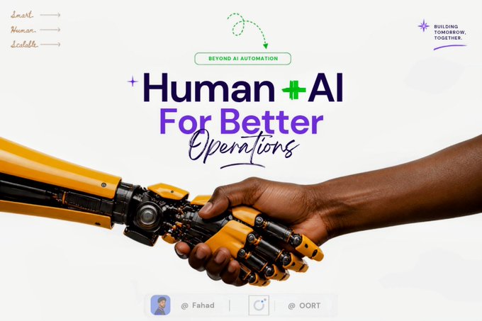 A robotic orange hand shaking a human hand in front of the text "Human + AI For Better Operations" and "BEYOND AI AUTOMATION," tagged by @Fahad and @OORT. The image visually reinforces the post's message about the unglamorous operational burdens of running a web3 project by symbolizing how AI automation can partner with humans to handle repetitive tasks like community management.