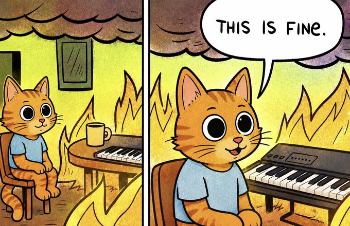The image features a cartoon of two cats sitting at a piano with a microphone above them. One cat is wearing a blue shirt while the other has an orange coat, both looking at the camera as if they are performing or recording themselves playing the keyboard. The caption below the image reads "This is fine."