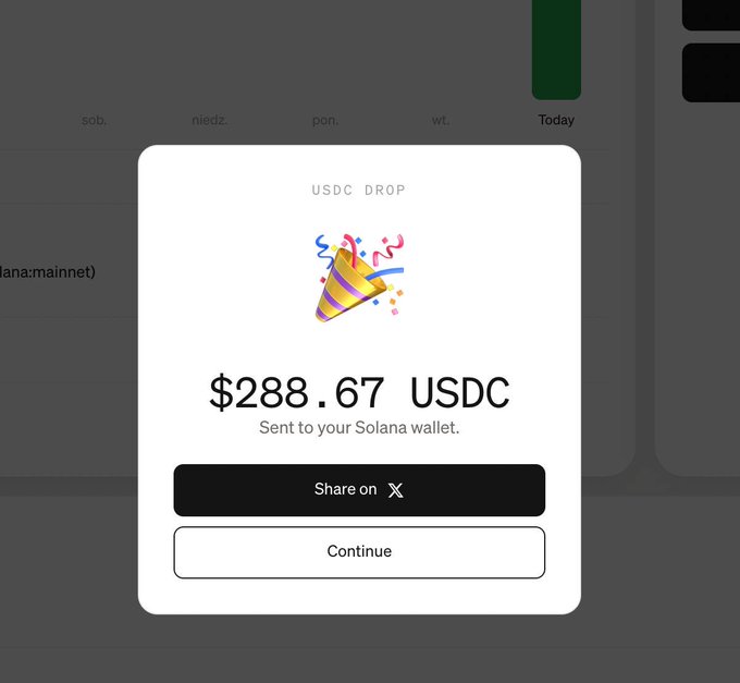 A 'USDC Drop' notification showing $288.67 USDC sent to a Solana wallet, with options to share on X or continue.