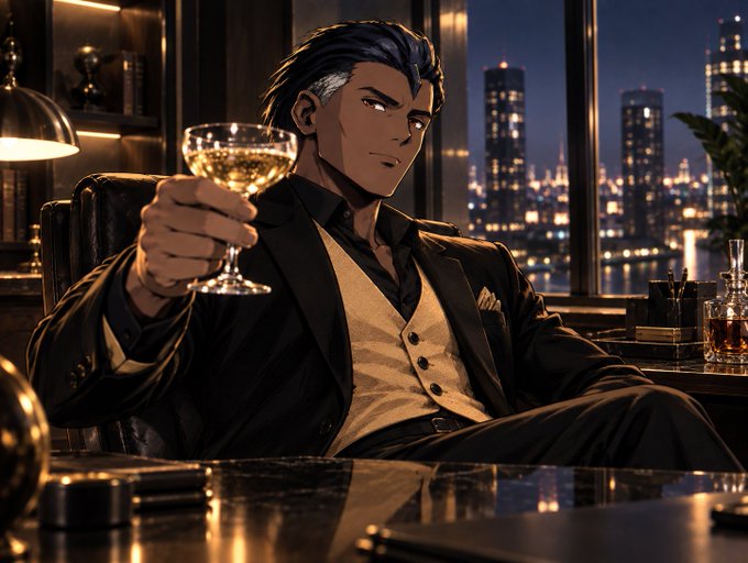An anime-style illustration of a man in a suit holding a glass of liquid in a dimly lit room with a city skyline view.