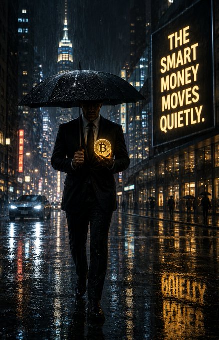 A man in a dark suit walks through a rainy city street at night holding an umbrella and a glowing Bitcoin coin, with a billboard reading 'THE SMART MONEY MOVES QUIETLY.'