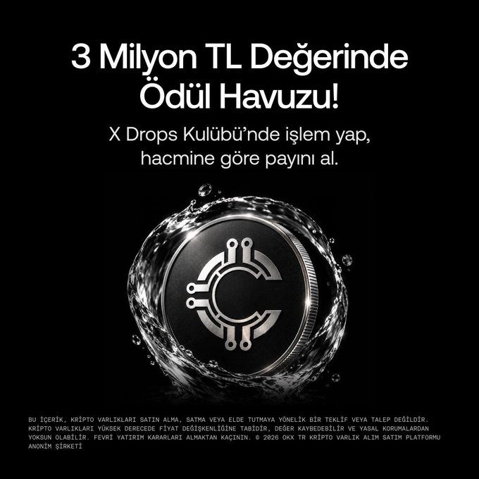 The image is a promotional advertisement featuring a metallic CP Token coin splashing in water against a black background, with Turkish text announcing "3 Milyon TL Değerinde Ödül Havuzu!" (Prize Pool Worth 3 Million TL!) and inviting users to trade on the X Drops Club to earn their share based on volume. This visual supports the OKX TR X Drops event offering a 5,000,000 CP Token prize pool (approximately 3 million TL) for users who trade with at least 1,000 USDT in eligible assets.