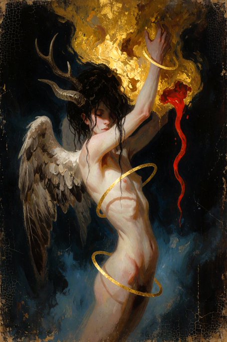 The painting depicts a winged, horned figure with golden rings reaching toward a luminous golden cloud while a red stream pours from it, embodying sorrow. The caption “A Lament for a Silent God” (Sweet GN, 1/1, 0.025Ξ) frames the scene as a prayer‑less plea to a sky tired of human voices.