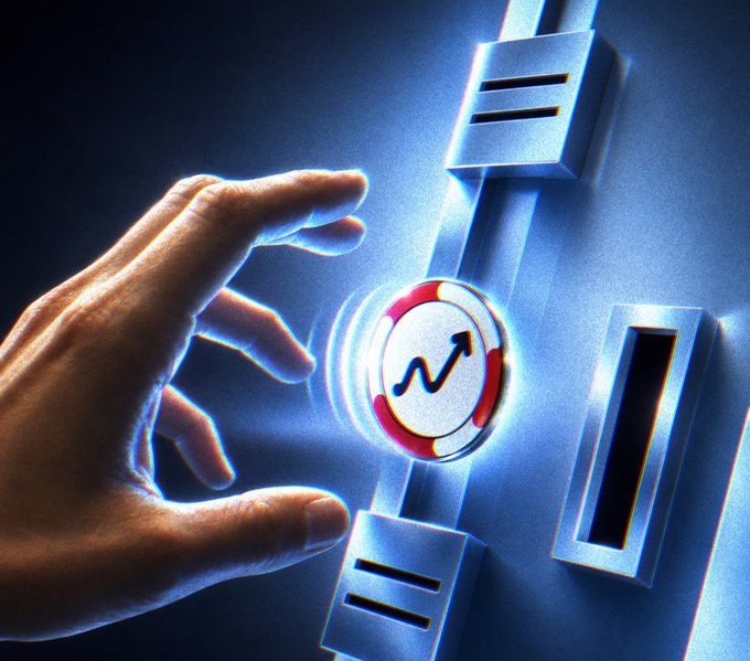 A hand reaches toward a glowing poker chip featuring an upward trending arrow, set against a metallic blue surface with slot-like fixtures, symbolizing the anticipation of a crypto bet. The image evokes the high-stakes gamble referenced by the post promoting Memestock (GME) as a speculative BNB meme play tied to CZ's GME lore affinity.