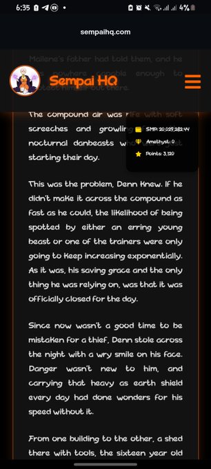A screenshot from SempaiHQ.com displays text from a story featuring a character named Denn attempting to sneak across a compound at night while carrying an earth shield. The post promotes "Rising Water," a Sempai HQ Original, and notes the $0.025 USDC per page price, though the image shows fantasy/fiction content rather than specific financial tickers or crypto branding.