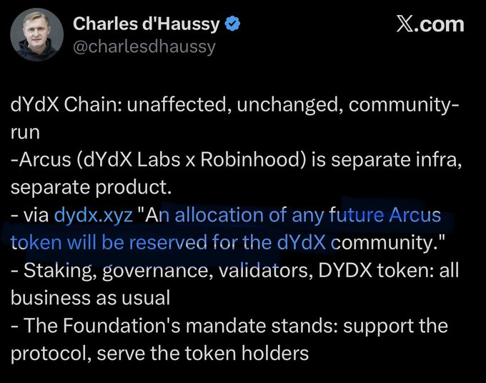 Tweet from Charles d'Haussy (@charlesdhaussy) clarifying that dYdX Chain remains unaffected, community-run, with Arcus as separate infrastructure and staking/governance continuing as usual.