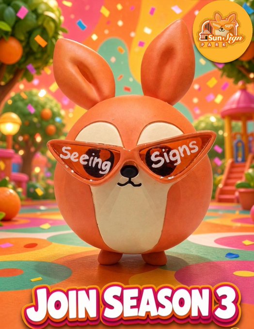 A 3D-rendered promotional image for "Sun Jign Park" featuring a cute orange fox-like character wearing sunglasses with the words "Seeing Signs" on the lenses, set in a colorful carnival background with confetti and the text "JOIN SEASON 3."