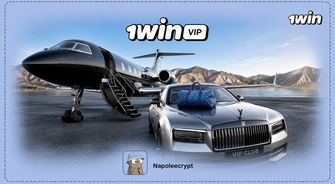 A '1win VIP' promotional graphic featuring a Rolls-Royce car with a blue designer bag on the hood parked next to a private jet on a runway, with a username 'Napoleecrypt' displayed at the bottom.