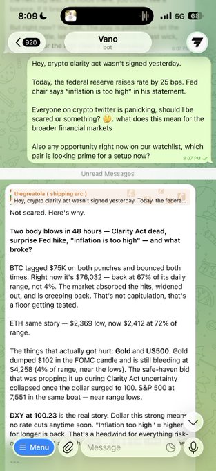 A Telegram screenshot showing a user asking the "Vano" bot for market analysis after the Fed raised rates by 25bps, with the bot's reply breaking down BTC ($76,032), ETH ($2,412), Gold ($4,258), US500 (7,551), and DXY (100.23), while dismissing the crypto Clarity Act rumors and scanning the watchlist for setups.