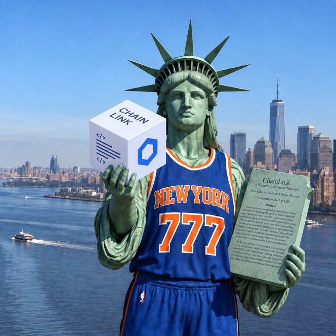 A digitally edited image of the Statue of Liberty wearing a blue 'New York 777' basketball jersey, holding a Chainlink (LINK) branded cube in one hand and a smart contract document titled 'ChainLink - A Decentralized Oracle Network' in the other, set against the New York City skyline.