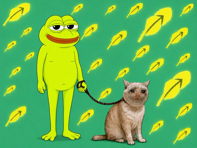 A cartoon image of Pepe the Frog holding a leash attached to a real cat, set against a green background with yellow leaf patterns.