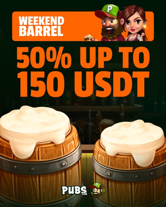 A promotional graphic for "Weekend Barrel" by PUBS.com featuring cartoon characters and two beer barrels overflowing with foam, advertising a "50% UP TO 150 USDT" deposit bonus that matches the post's details about claiming the weekend reward through the PUBS platform.