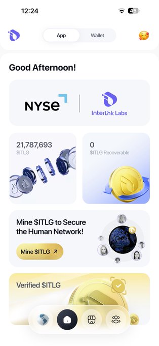A mobile app dashboard for Interlink Labs displays a wallet with 21,787,693 $ITLG tokens mined and 0 recoverable, alongside a NYSE partnership banner. The "Mine $ITLG to Secure the Human Network" call-to-action visually supports the post's message, highlighting that the substantial token balance was earned through mining efforts and representative-building work rather than appearing automatically.