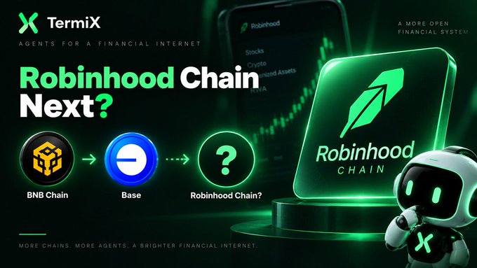 A promotional graphic from TermiX asking 'Robinhood Chain Next?' showing a flow from BNB Chain to Base to a hypothetical Robinhood Chain, featuring a green glowing Robinhood logo and an AI bot mascot.