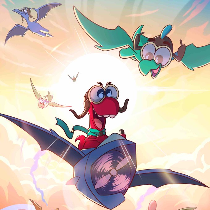 A cartoon dragon wearing a pilot's hat and goggles flies a propeller plane through the clouds alongside other winged creatures, capturing the whimsical aviation theme of the "Wing it" Claynosaurz micro episode. The characters' joyful flight through a bright, sunlit sky mirrors the post's excitement about reaching a new altitude milestone.