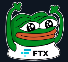 A cartoon Pepe the Frog mascot with large, expressive eyes and raised arms appears above a white banner displaying the FTX logo and name in black text, representing the now-defunct cryptocurrency exchange.