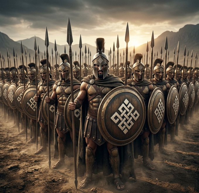 A digital illustration of an ancient Greek-style army in formation, with soldiers wearing bronze helmets and holding spears and round shields featuring an Eternal Knot symbol, set against a dramatic mountainous landscape at sunset.