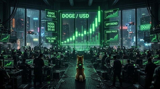 A futuristic, cyberpunk-style trading room where workers monitor screens showing 'DOGE / USD' charts with labels 'HODL DOGE $0.65', 'VOLUME 8.2B', and 'UPTREND', as a Shiba Inu dog sits facing the main display.