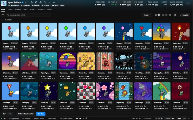 A screenshot of an NFT marketplace page for 'Nyan Balloon' showing a grid of 30 colorful pixel-art cat NFTs with various balloon themes, priced in ETH.