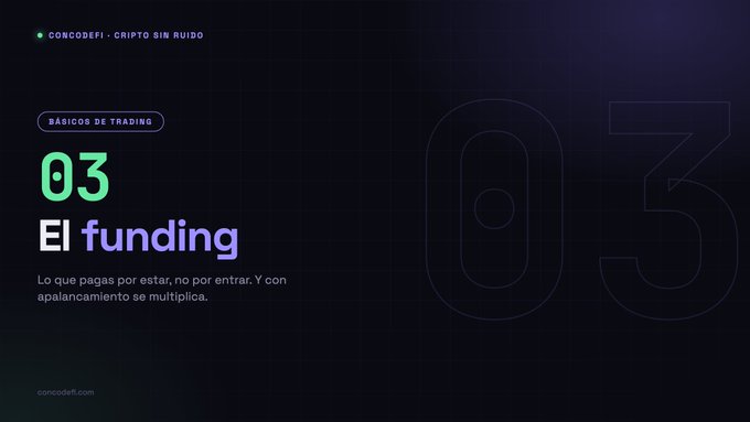 A dark-themed slide titled 'El funding' from 'concodefi - Cripto sin ruido' about trading basics, listing section '03' with Spanish text explaining funding fees.