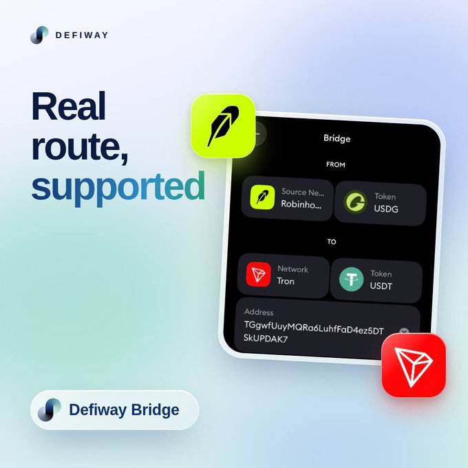 An advertisement for the Defiway Bridge showing a mobile interface that bridges USDG tokens from the Robinhood network to USDT on the Tron network, with the text 'Real route, supported'.