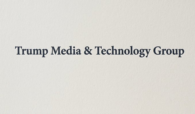 Minimalist graphic with the text 'Trump Media & Technology Group' on a textured off-white background.