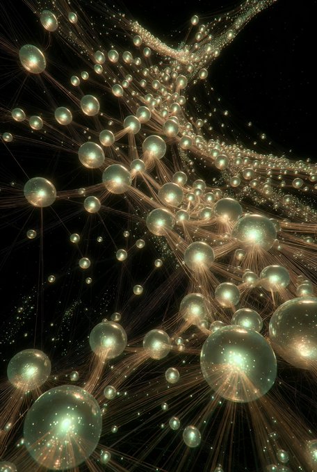 An abstract digital artwork featuring a network of glowing translucent spheres connected by luminous golden threads against a dark background, creating an intricate web-like structure.