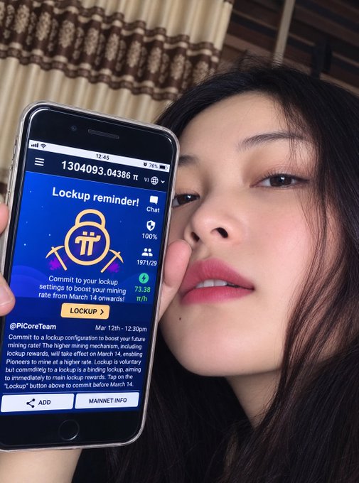 A woman holds up her iPhone displaying the Pi Network app showing a "Lockup reminder!" with a balance of 1304093.04386 π and 73.88 π/h mining rate, illustrating the accompanying post's claim about a "super pioneer" Pi Network early participant holding over 1 million Pi coins.