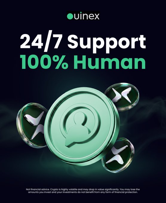 Advertisement for 'uinex' promoting '24/7 Support' and '100% Human', featuring a green user icon with XRP logos and a crypto risk disclaimer.