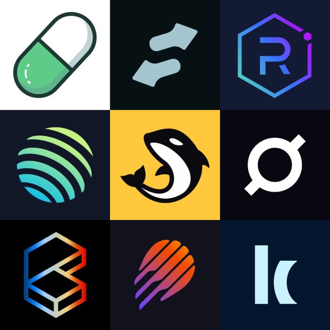 A 3x3 grid of various software and cryptocurrency logos on dark backgrounds, including what appears to be a pill icon, a stylized 'B', and a hexagonal 'R' logo among others.
