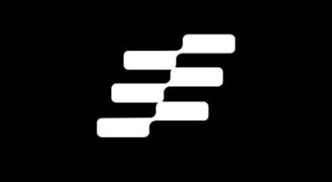 A minimalist white logo of a stylized "E" made of horizontal bars on a black background.