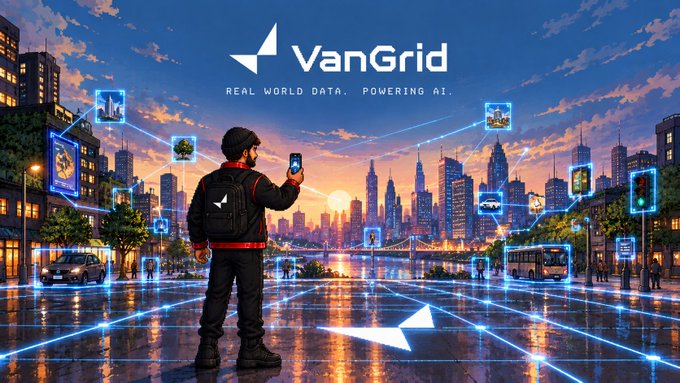 VanGrid logo with tagline 'REAL WORLD DATA. POWERING AI.' over an illustration of a person holding a phone in a futuristic city with data connection lines.
