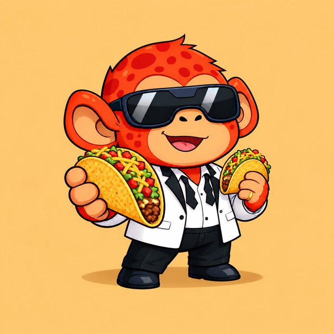 A cartoon illustration of a red monkey wearing black sunglasses and a white suit jacket, holding two tacos on a yellow background.