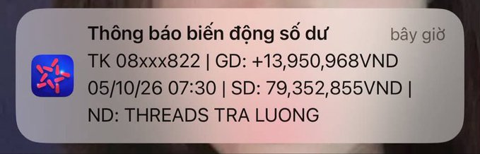 A Vietnamese bank notification from Threads displaying a credit transaction of +13,950,968 VND with a balance of 79,352,855 VND, illustrating the post's claim about MMO earnings rivaling traditional monthly sales income.